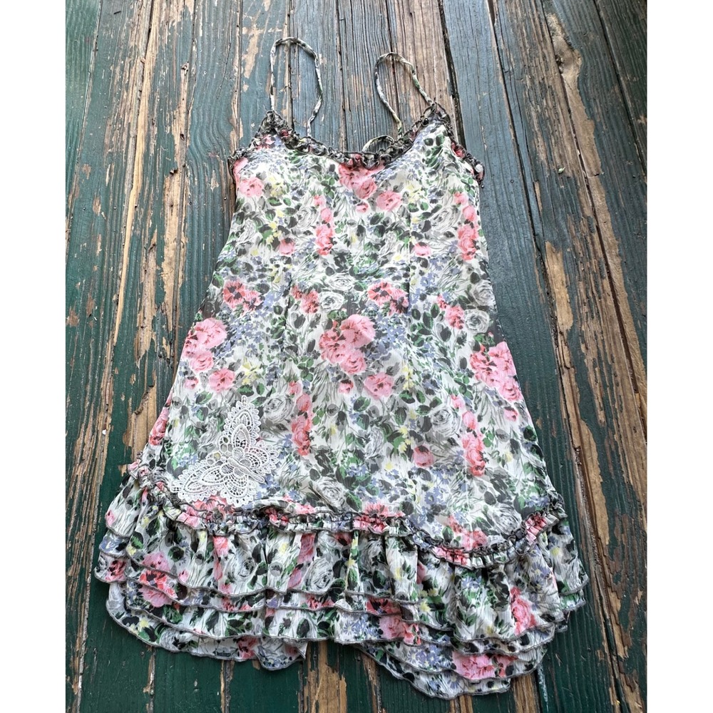 Steve Madden Floral Ruffle Mini Dress Butterfly Applique Size 6 Pink Green